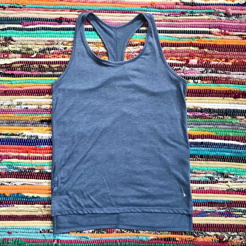 Nike ~ Dri-Fit grey blue racerback tank high low hem